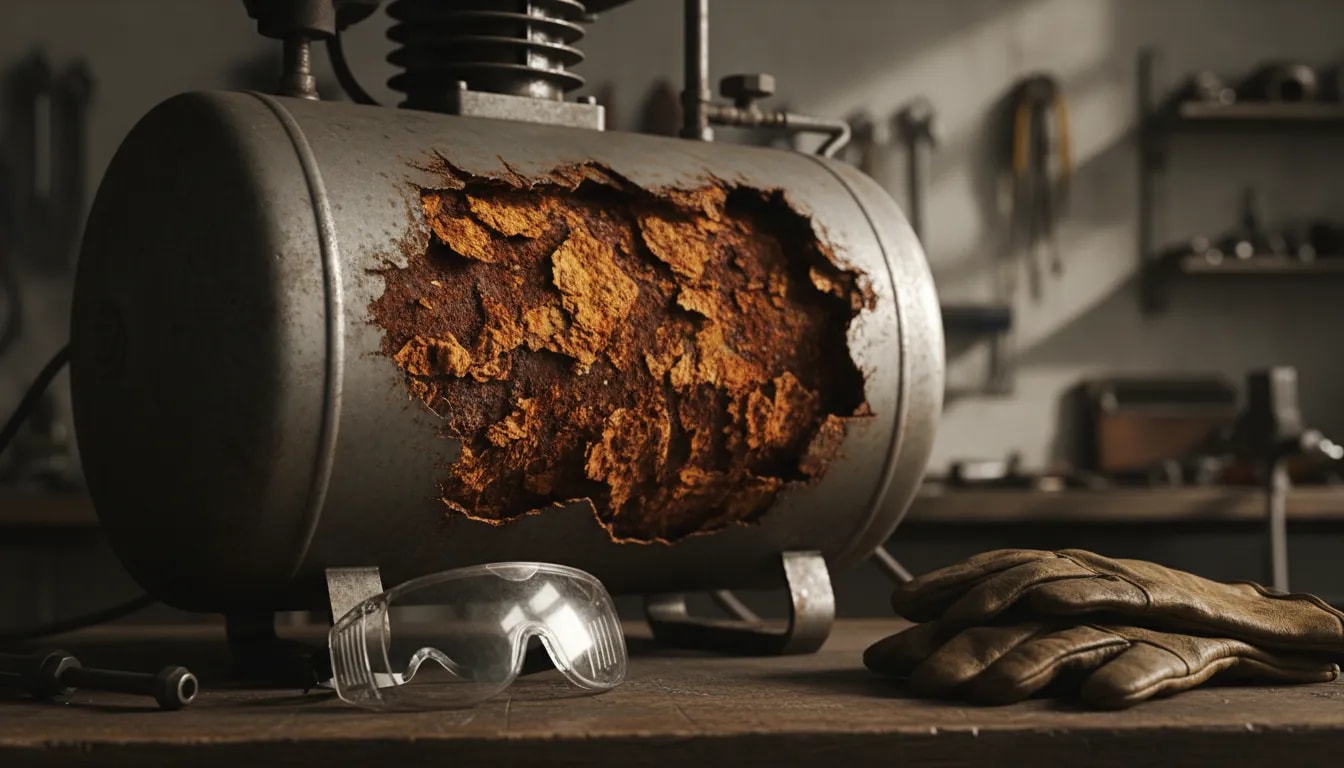 Open old air compressor tank showing internal rust and corrosion in a workshop