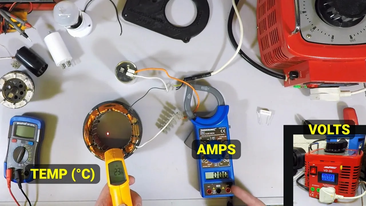 Bench setup with stator winding, clamp meter, variac display inset and temperature labels on screen